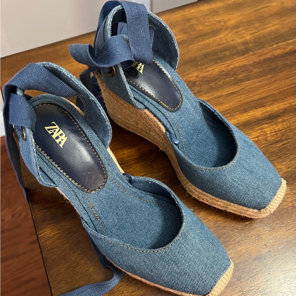 Zara NWOT Denim Espadrille Wedge Ankle-Tie Sandal EUR 35 - Picture 3 of 6